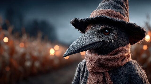 Gruselige Erntezeit mit einem mysteri&ouml;sen Vogel in einem dunklen Feld