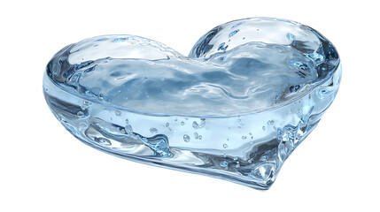 Transparent water droplet in the shape of a heart, isolated on a white background.