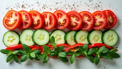 Top view of fresh sliced tomatoes, cucumbers, red peppers, green herbs arranged in neat rows. Vibrant colors, textures create clean, appetizing display perfect for culinary, health, recipe content.