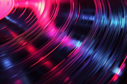 Close up of vinyl record grooves reflecting vibrant neon pink and blue lights, creating a mesmerizing visual effect