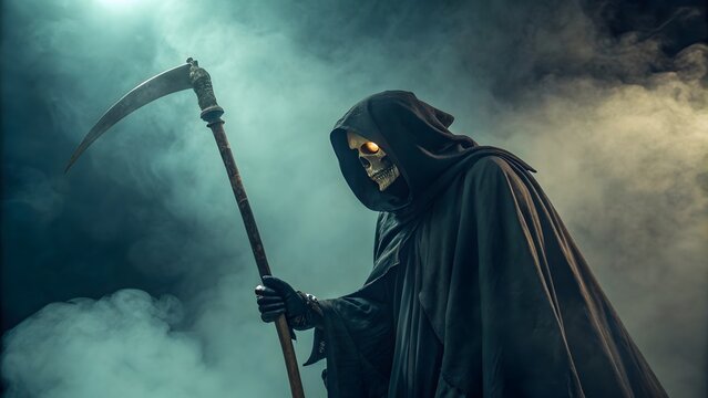 Mysterious grim reaper figure holding a scythe in smoky atmosphere