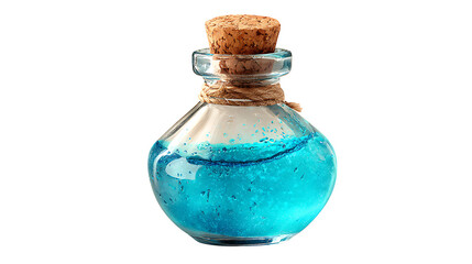 Frosted glass bottle with cork stopper and glowing blue liquid, isolated on a white background