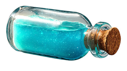 Frosted glass bottle with cork stopper and glowing blue liquid, isolated on a white background