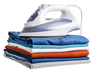  Precision Tip Iron Resting on a Folded Garment, close-up, isolated PNG