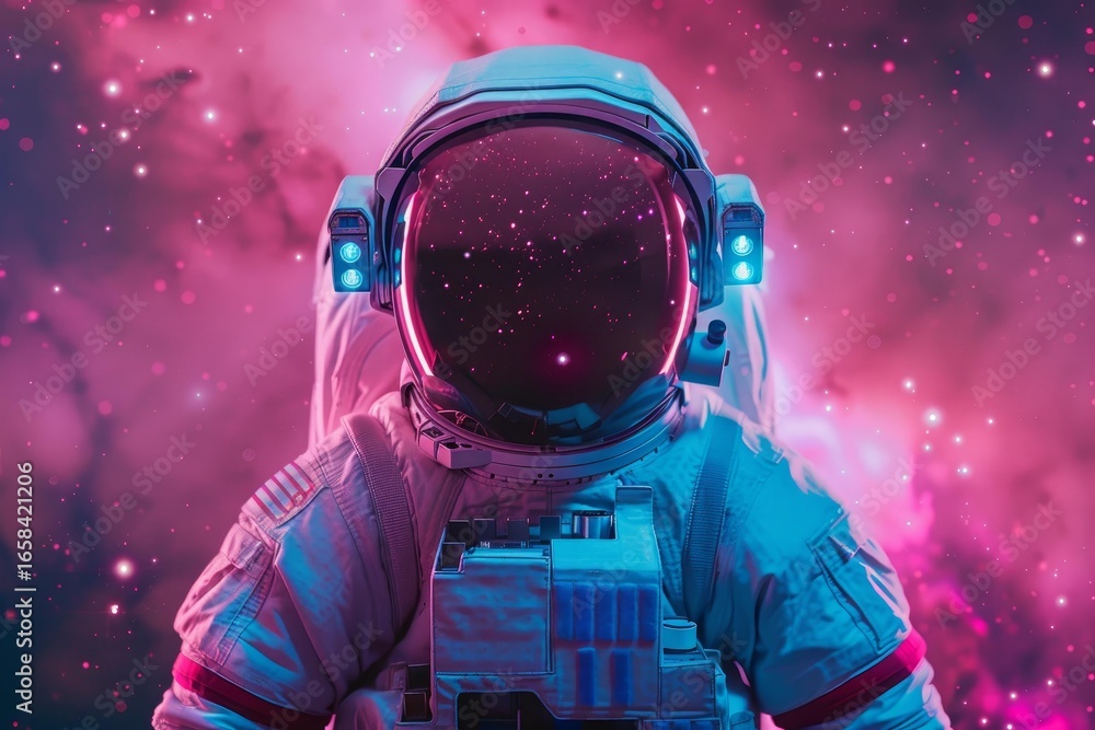 Poster astronaut wearing a spacesuit with an american flag patch explores a vibrant pink nebula in the vast