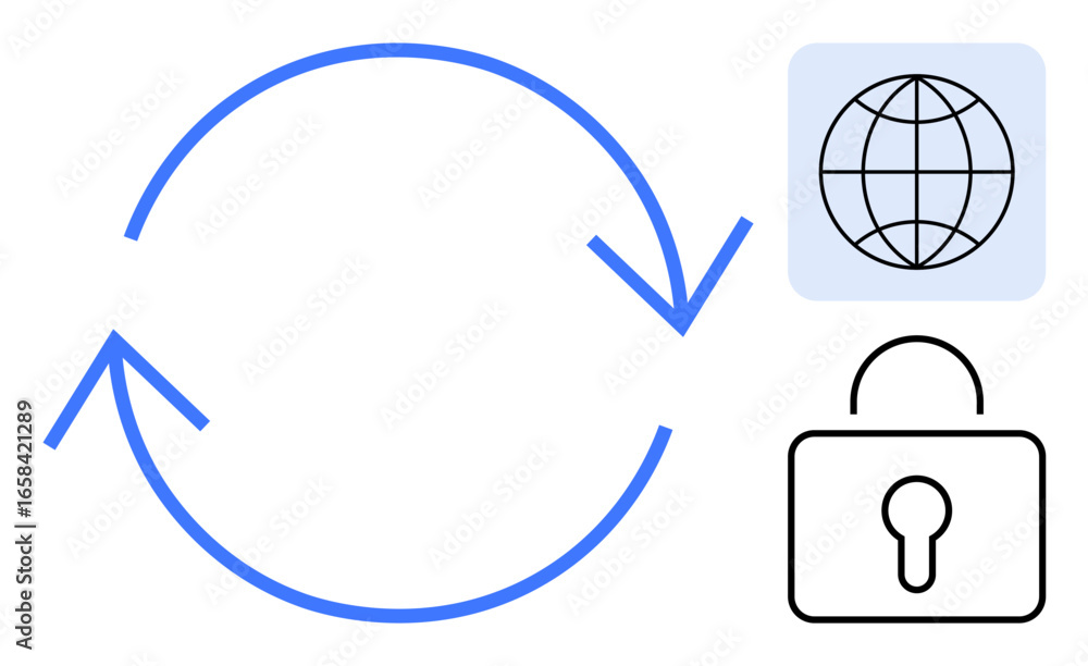 Poster circular arrow signifying continuity, globe representing global scale, and padlock for secure data. 