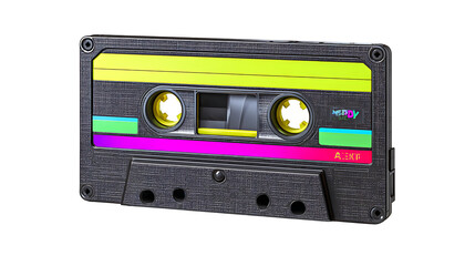 Retro cassette tape with neon-colored label, isolated on a white background.