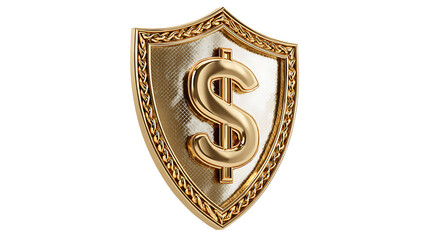 Golden shield with engraved dollar symbol in the center, representing financial protection, isolated on a white background