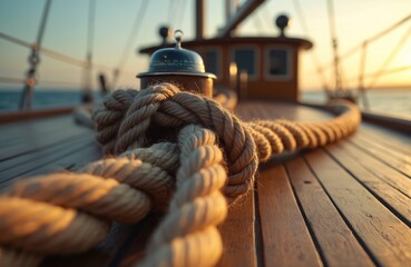Closeup of thick nautical rope coiled on wooden boat deck during sunset. Sailing vessel details include compass, cabin structure. Evokes maritime adventure, ocean travel, vacation leisure activities.