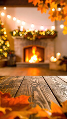 Warm autumn leaves wooden table cozy fireplace glowing bokeh lights festive home inviting holiday comfort