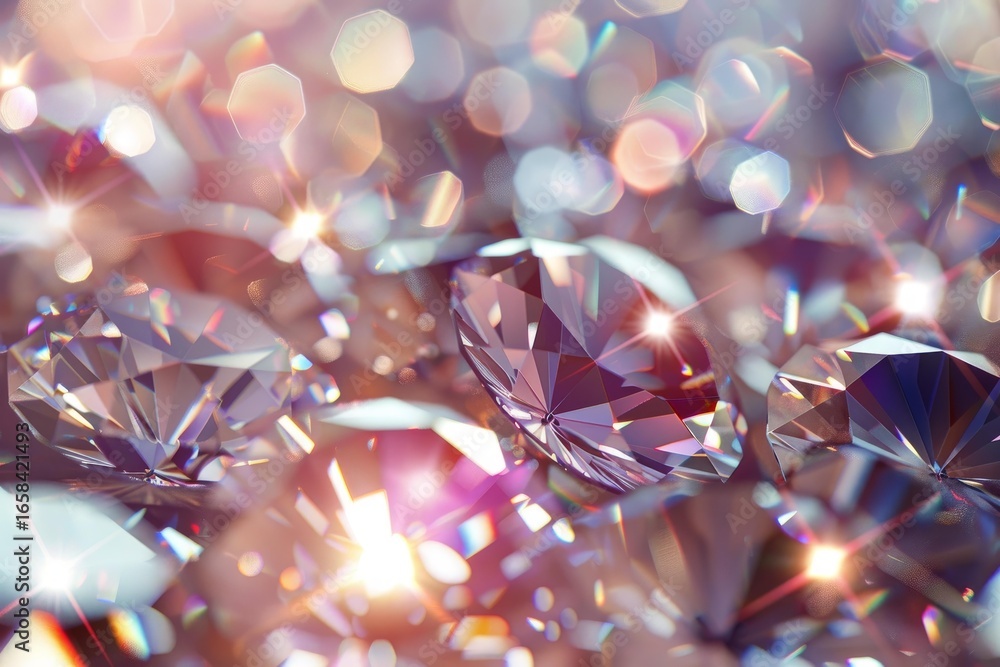 Poster close up of dazzling diamonds shimmering with iridescent light, creating an opulent and glamorous ba