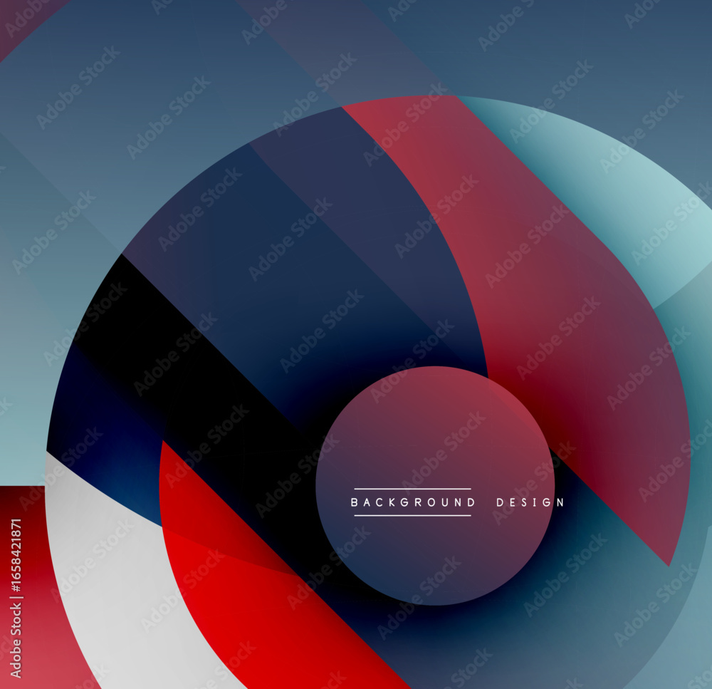 Poster abstract composition featuring overlapping circles. shades range from deep blues, reds, blacks, whit