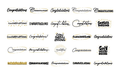 Congratulations banner lettering design bundle. Elegant, Fun and joyful typographic messages with confetti and gold frames.