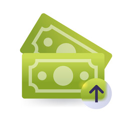 Two green banknotes with up arrow. Financial grows glass morphism icon