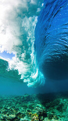 Underwater ocean wave turquoise water sunlight close up coral reef dramatic nature clear vibrant powerful energy