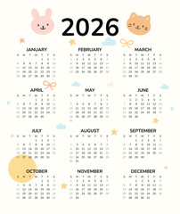 Cute animal calendar 2026 pastel color rabbit cat monthly layout stars clouds decorative playful simple cheerful design
