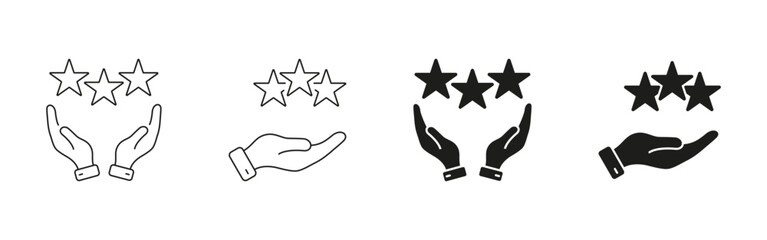 Hands Holding Stars Line And Solid Icon Set. Customer Satisfaction, Quality Assurance, And Excellence Symbol Collection. Service Rating And Feedback Representation. Isolated Vector Illustration