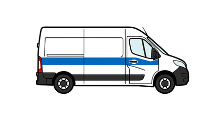 Illustration of a white van with a blue stripe and black trim on a white background in a side view on transparent background
