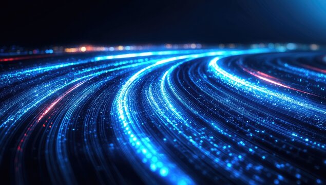 Blue, glowing light lines in the shape of a curved road, create a background of speed and technology for a digital communication concept. f3