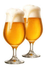 Two flying beer glasses with foam.