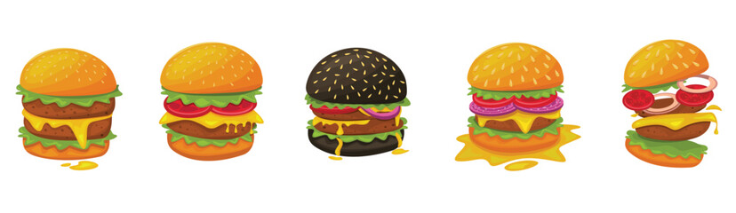 Burger vector set. Set of fast food illustration. Hamburger vector illustration. Fast Food Icons Set. Burger illustration. cheese burger illustration