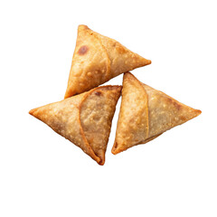 Three Golden Brown Fried Samosas Isolated on White Background