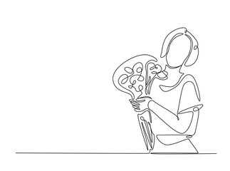 Woman holding bouquet outline illustration. Continuous line art drawing of young lady holding flowers bouquet. Editable stroke.