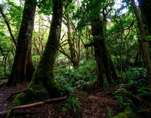 Obraz premium Lush Green Forest with Ancient Moss-Covered Trees and Dense Undergrowth.
