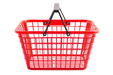 red plastic shopping basket, store grocery cart, supermarket shopping container, handle wire frame, commercial retail display equipment