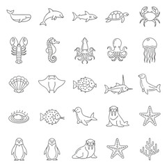 Fototapeta premium Line art silhouettes of marine life. Fish, crab, dolphin, lobster, turtle, and other sea creatures on a black field