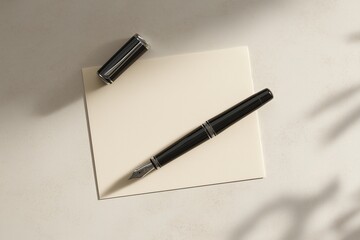 Black fountain pen resting on textured off-white condolence card. Clear shadows and negative space for designer flexibility. Funeral concept