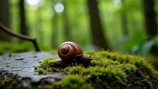 A slimy brown snail with a spiral shell glides slowly on a green leaf in the summer garden