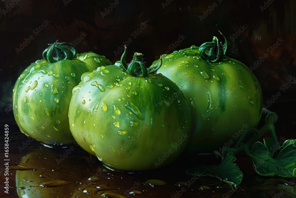 Poster three fresh green tomatoes with water drops reflecting on a dark surface, creating a vibrant and app