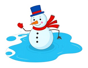 Melting moments: A whimsical snowman's watery farewell to winter with bright colors