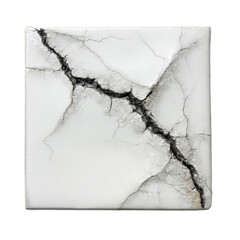 White marble tile with intricate black branching cracks on smooth surface transparent background