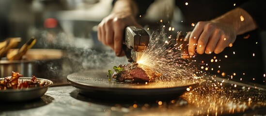 A person is using an angle grinder on metal, sparks flying around as they wheel the blade over it.
