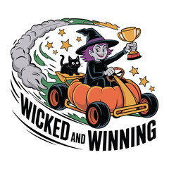 Obraz premium Wicked and winning a cartoon witch in a pumpkin car vector design