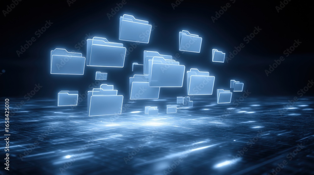 Poster abstract network grid with files and folders, futuristic software interface, digital document manage