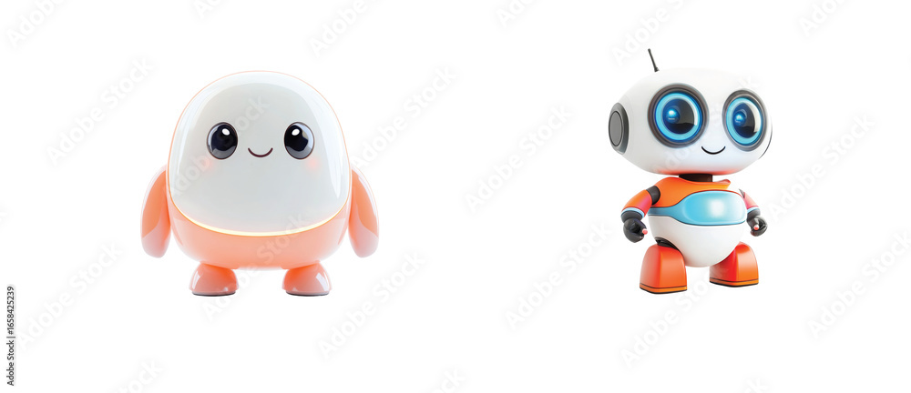 Poster 3d robots with expressive features standing in a line together