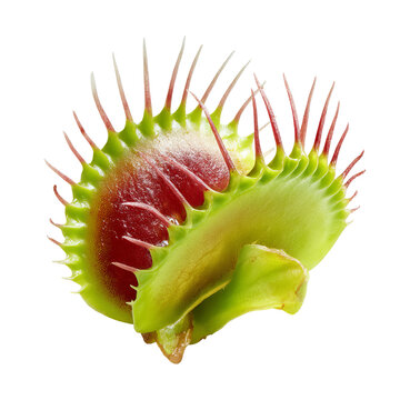 Close-up of an open Venus flytrap displaying vibrant red and green inner surfaces with delicate hair-like extensions on a transparent background
