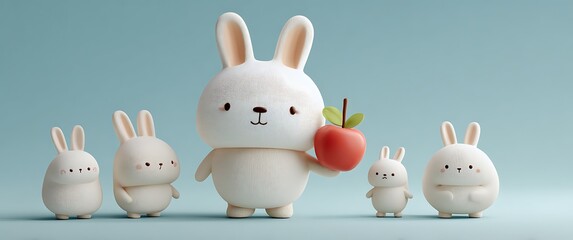 white rabbit holding an apple, five small rabbits in different poses and shapes