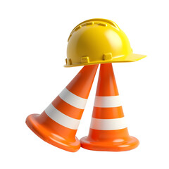 yellow hard hat, orange traffic cones, construction zone, safety equipment, isolated on white background