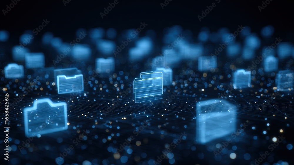 Poster abstract network grid with files and folders, futuristic software interface, digital document manage