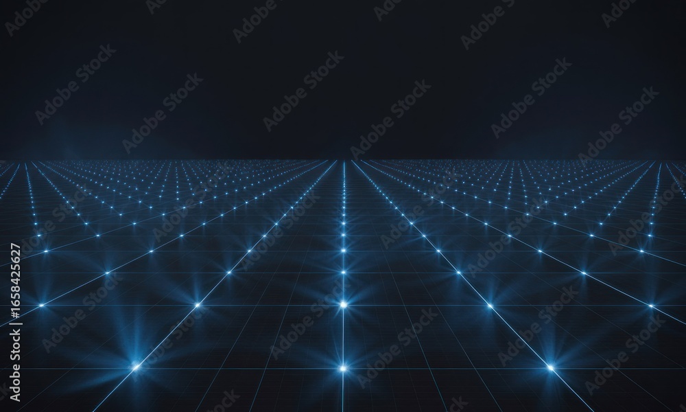 Poster blue glowing grid extending into dark space, creating a technological horizon
