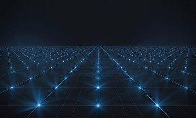 Blue glowing grid extending into dark space, creating a technological horizon