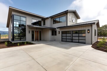 Modern Farmhouse Architectural Design with Expansive Glass Windows and Concrete Driveway
