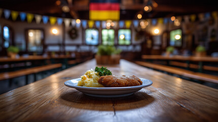 Traditional biergarten hall with schnitzel and potato salad on wooden benches