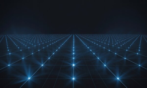 Blue glowing grid extending into dark space, creating a technological horizon