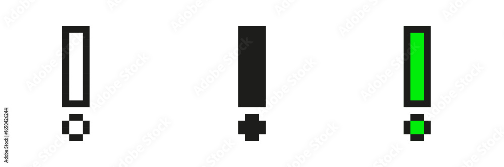 Poster exclamation mark pixel art icon set. alert and notification symbol collection. black and green excla
