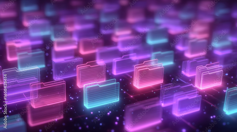 Poster abstract network grid with files and folders, futuristic software interface, digital document manage